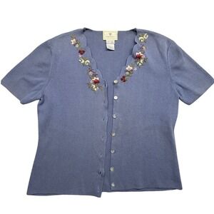 Susan Bristol Vintage 90s Embroidered Floral Scalloped Cardigan Periwinkle Med